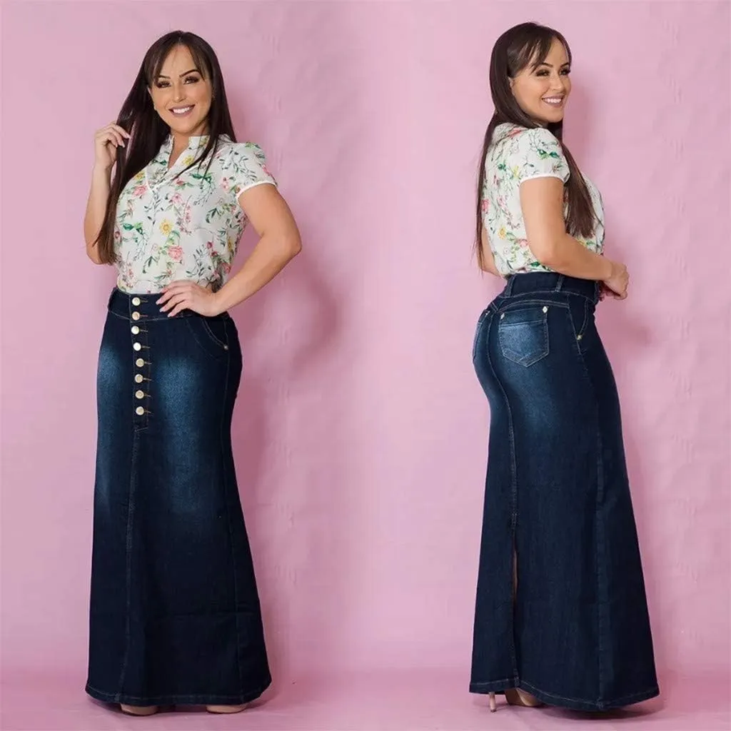 Fashion Front Skirts Washed Jean Casual Senim Long Skirt Denim Long A-Line Vintage Women's Oiversized Button Jean Maxi Skirt