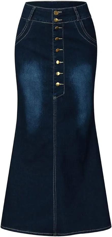 Fashion Front Skirts Washed Jean Casual Senim Long Skirt Denim Long A-Line Vintage Women's Oiversized Button Jean Maxi Skirt
