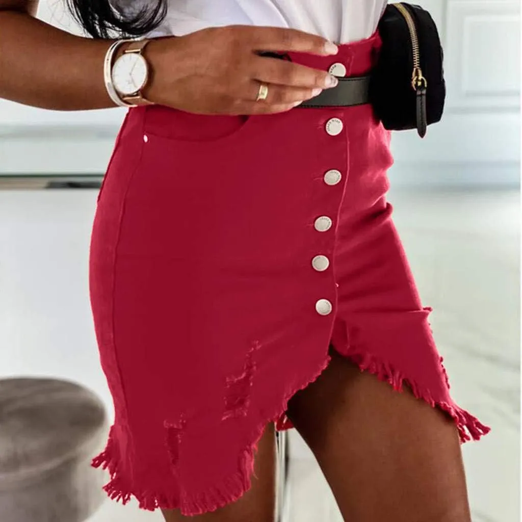 Fashion New Women's Denim Skirt Summer Button Design Split Front Open Skirts Irregular Hem Sexy Dress