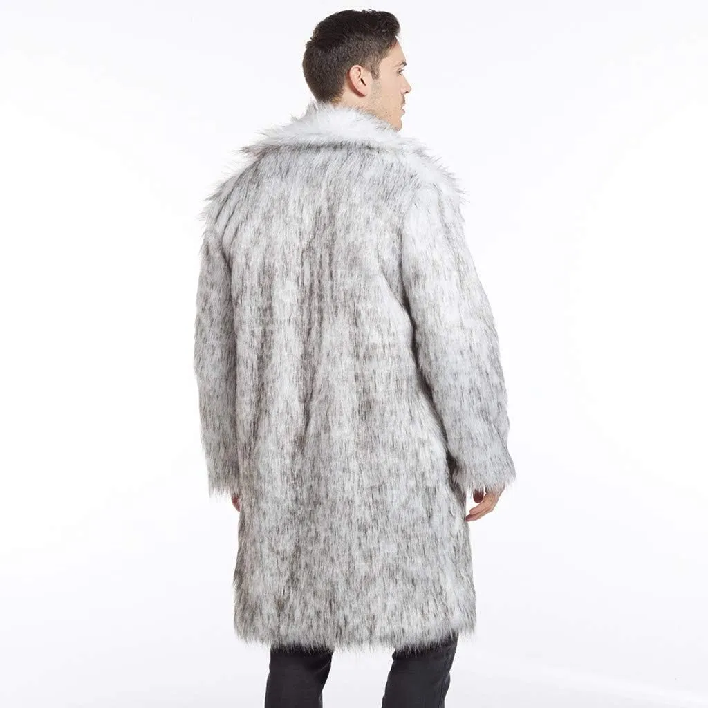 Faux Fur Coat Men Long Fuzzy Fleece Jacket Furry Cardigan Warm Winter Coats Fur Collar Overcoat Thick Coats