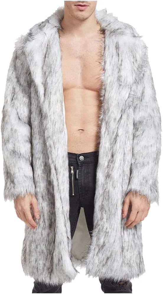 Faux Fur Coat Men Long Fuzzy Fleece Jacket Furry Cardigan Warm Winter Coats Fur Collar Overcoat Thick Coats