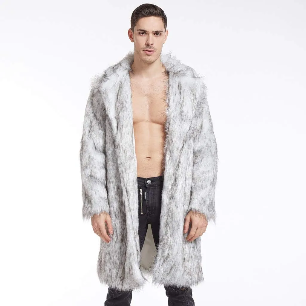 Faux Fur Coat Men Long Fuzzy Fleece Jacket Furry Cardigan Warm Winter Coats Fur Collar Overcoat Thick Coats