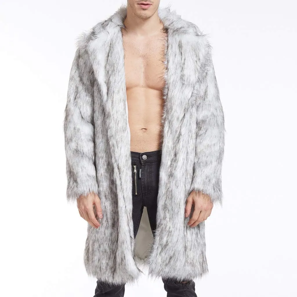 Faux Fur Coat Men Long Fuzzy Fleece Jacket Furry Cardigan Warm Winter Coats Fur Collar Overcoat Thick Coats