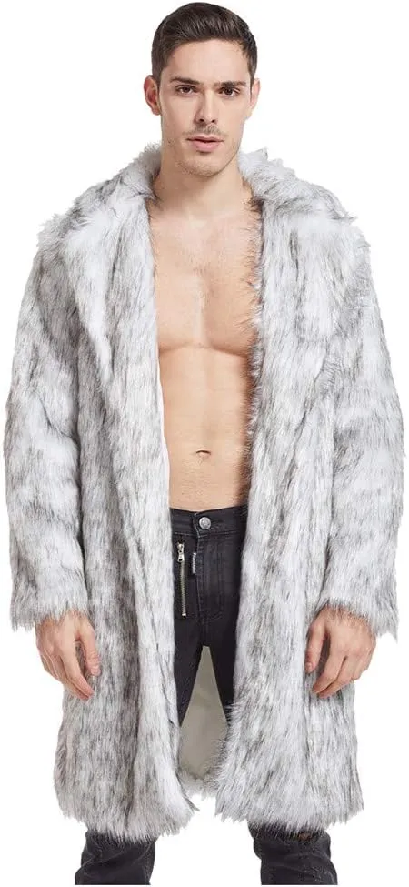 Faux Fur Coat Men Long Fuzzy Fleece Jacket Furry Cardigan Warm Winter Coats Fur Collar Overcoat Thick Coats