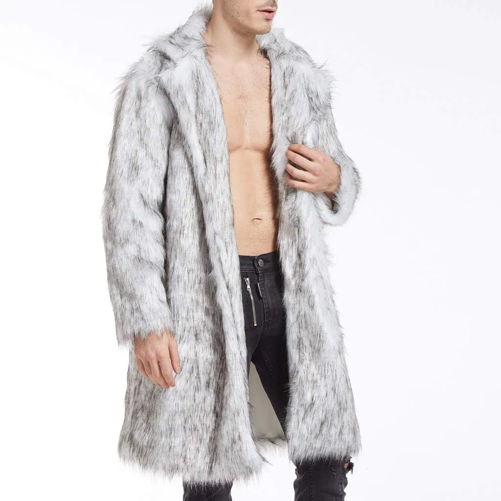 Faux Fur Coat Men Long Fuzzy Fleece Jacket Furry Cardigan Warm Winter Coats Fur Collar Overcoat Thick Coats