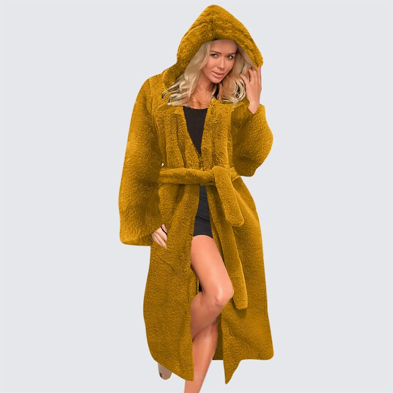 Faux Fur Coats for Women Fuzzy Fleece Lined Open Front Hooded Jacket Long Sleeve Warm Winter Parka Coat Sleepwear with Belt