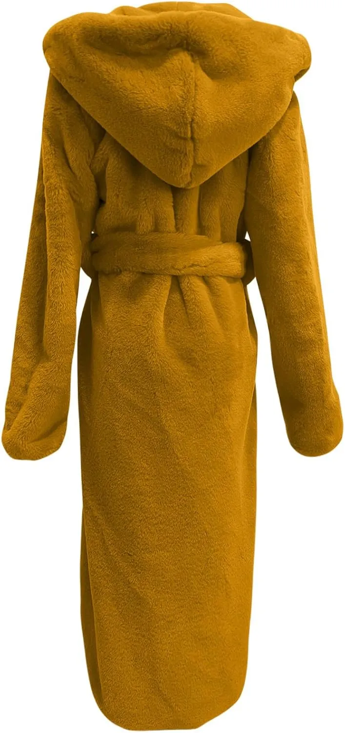 Faux Fur Coats for Women Fuzzy Fleece Lined Open Front Hooded Jacket Long Sleeve Warm Winter Parka Coat Sleepwear with Belt