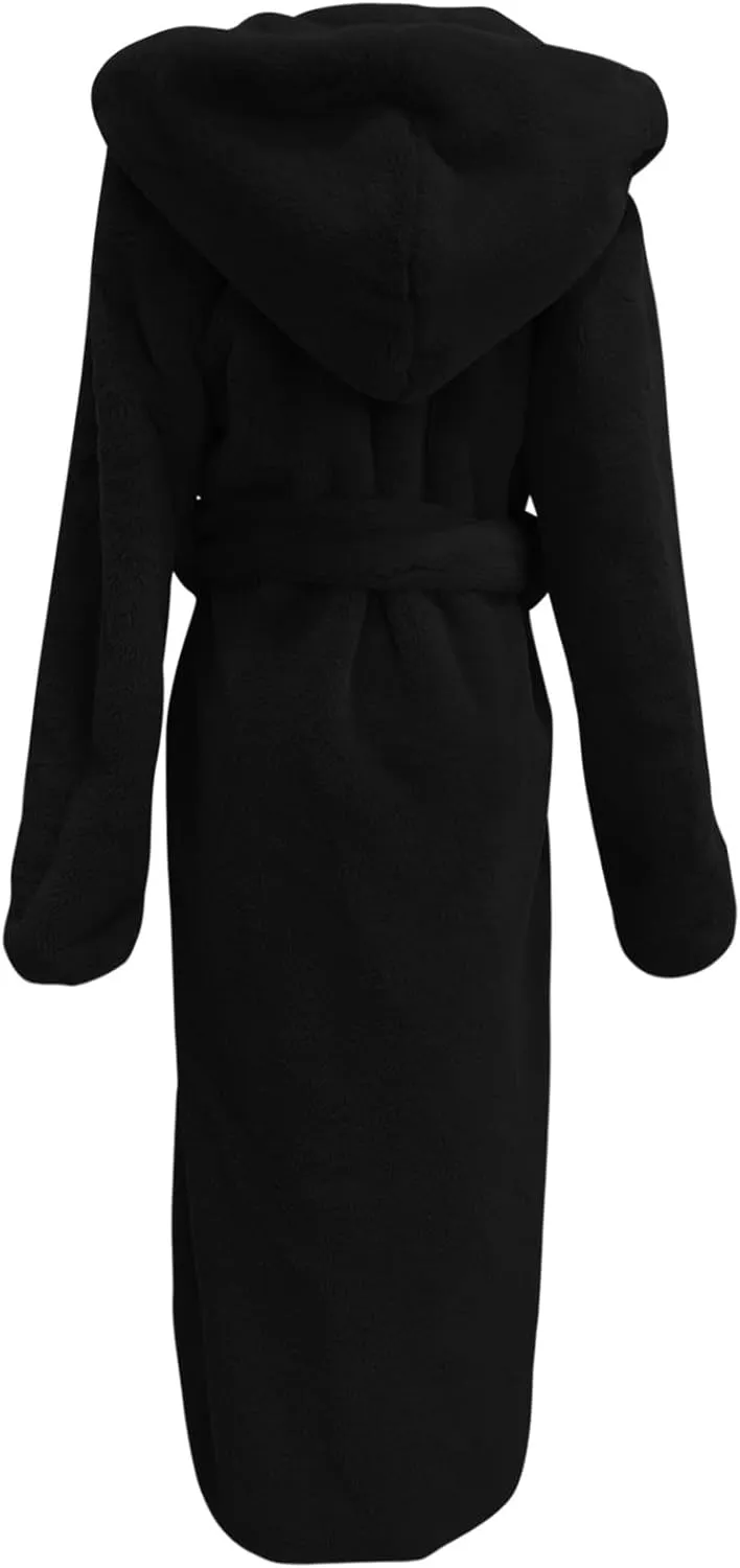 Faux Fur Coats for Women Fuzzy Fleece Lined Open Front Hooded Jacket Long Sleeve Warm Winter Parka Coat Sleepwear with Belt