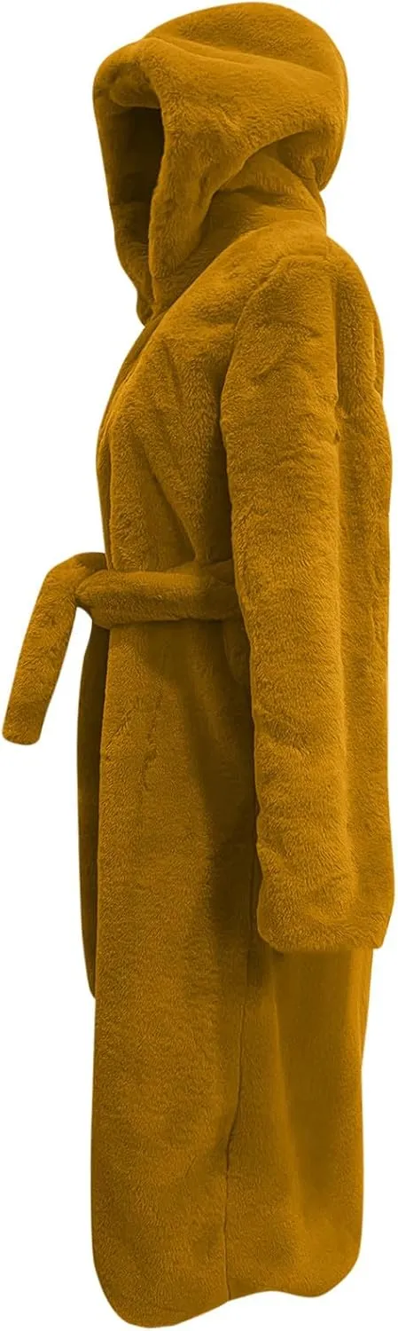 Faux Fur Coats for Women Fuzzy Fleece Lined Open Front Hooded Jacket Long Sleeve Warm Winter Parka Coat Sleepwear with Belt