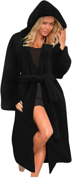 Faux Fur Coats for Women Fuzzy Fleece Lined Open Front Hooded Jacket Long Sleeve Warm Winter Parka Coat Sleepwear with Belt