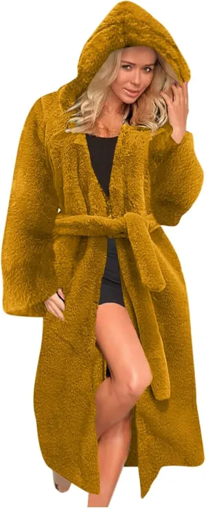 Faux Fur Coats for Women Fuzzy Fleece Lined Open Front Hooded Jacket Long Sleeve Warm Winter Parka Coat Sleepwear with Belt