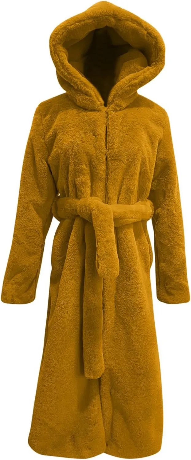 Faux Fur Coats for Women Fuzzy Fleece Lined Open Front Hooded Jacket Long Sleeve Warm Winter Parka Coat Sleepwear with Belt