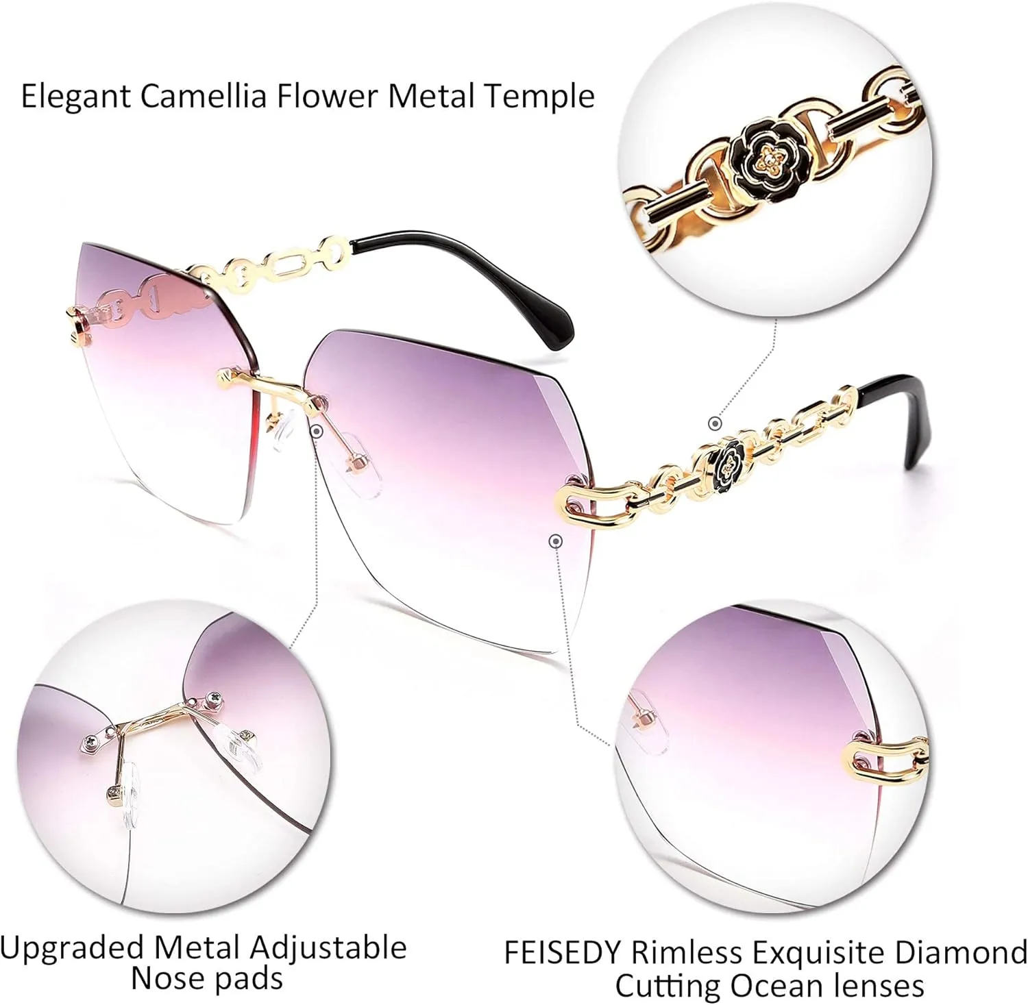 FEISEDY Classic Rimless Sunglasses Women Metal Frame Diamond Cutting Lens Sun Glasses B2567