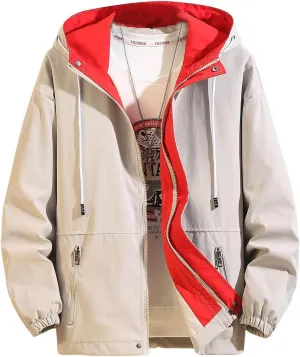 Finelylove Mens Jacket with Hood,Water Resistant Windbreaker Jackets Outdoor Patchwork Hooded Spring/Fall Jacket Fashion