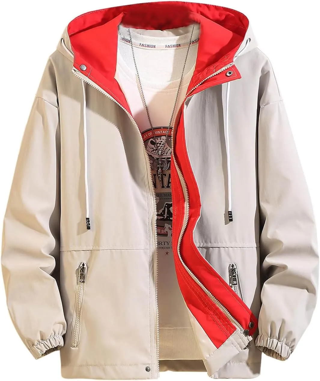 Finelylove Mens Jacket with Hood,Water Resistant Windbreaker Jackets Outdoor Patchwork Hooded Spring/Fall Jacket Fashion