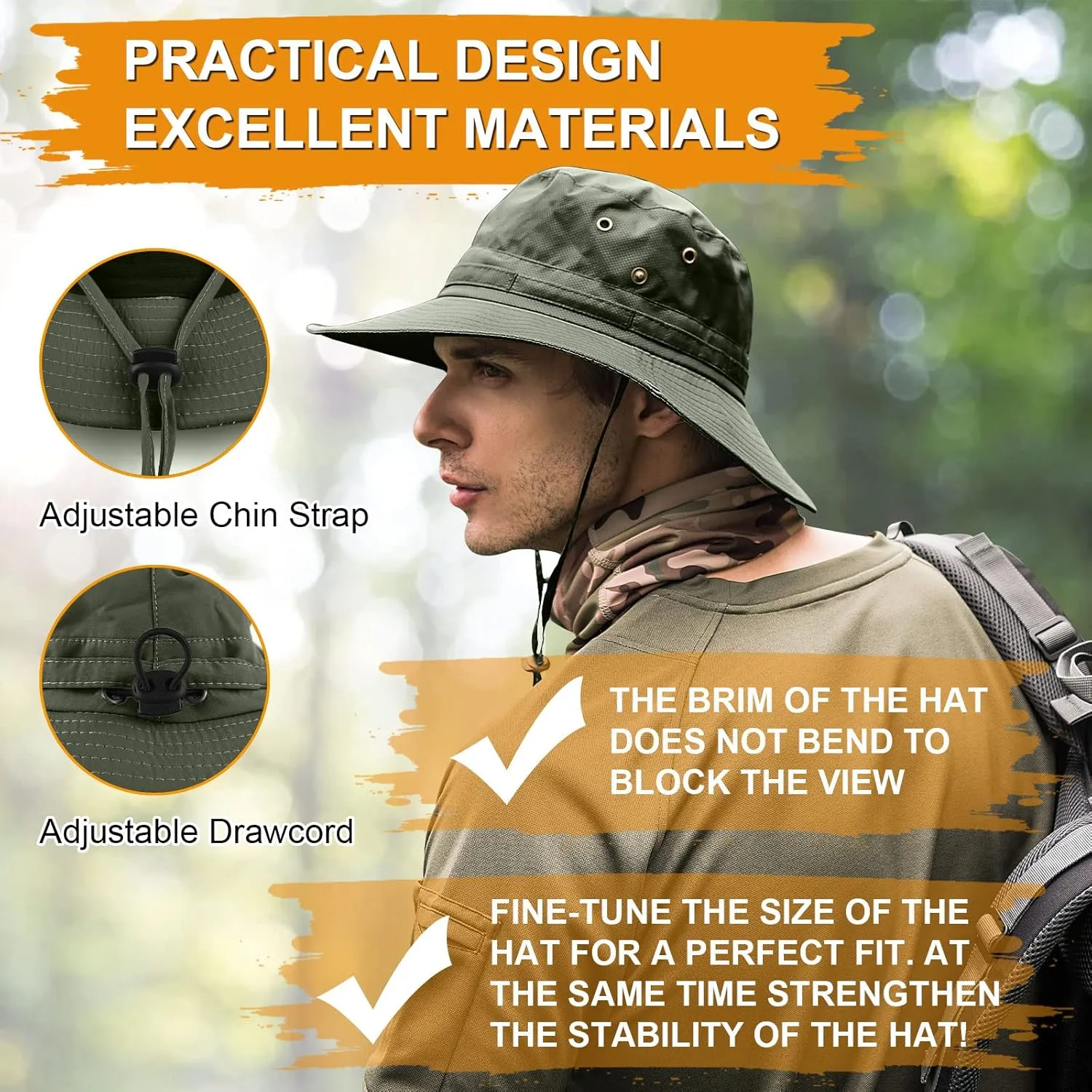 Fishing hat Wide Brim Sun Protection Hat with Breathable Safari hat and Fisherman hat Hiking Hats Boonie Hats for Man