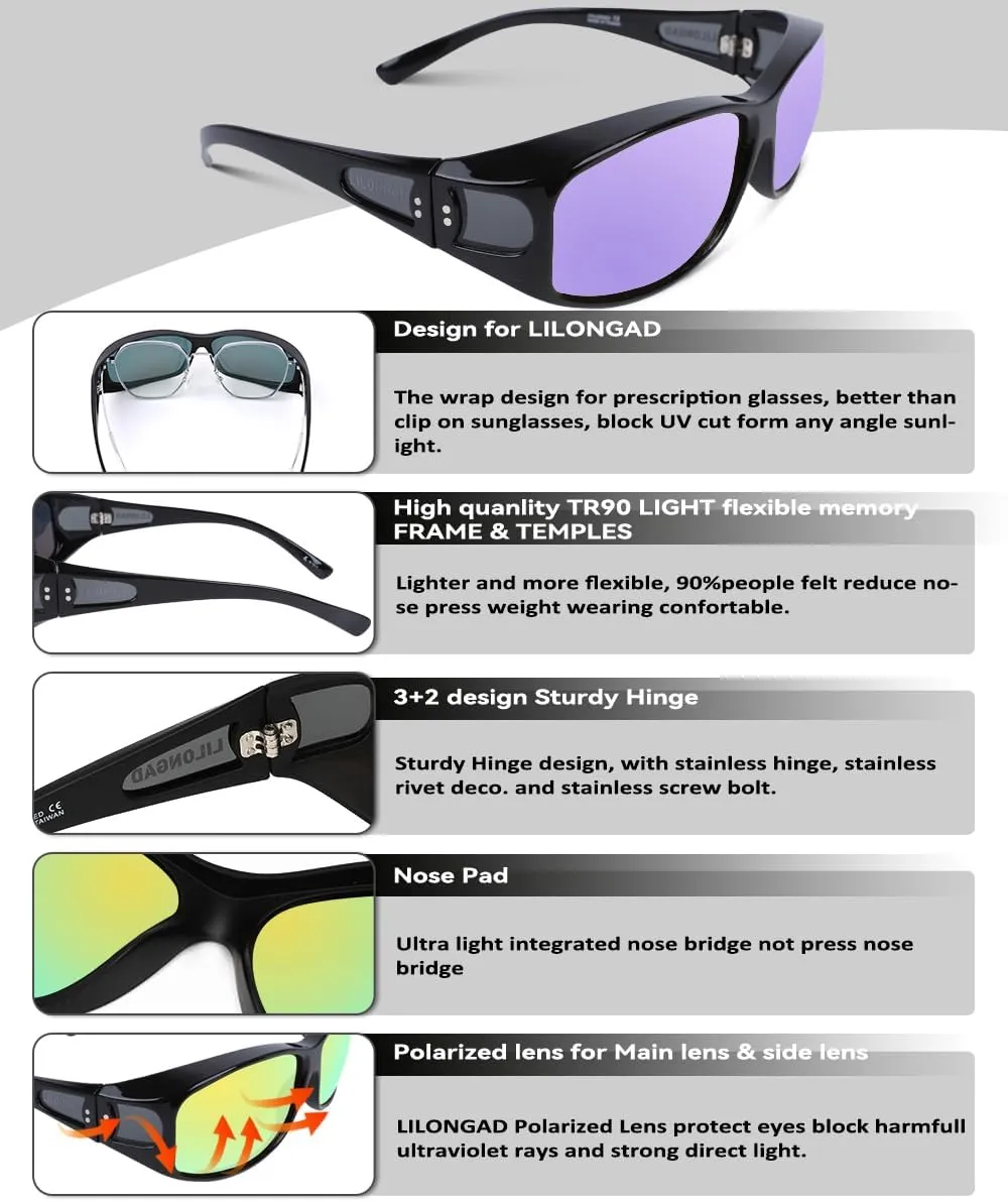 Fit Over Glasses Sunglasses for Men Women,Wrap Around Sunglasses Polarized UV400 Protection Rectangle Sun Glasses