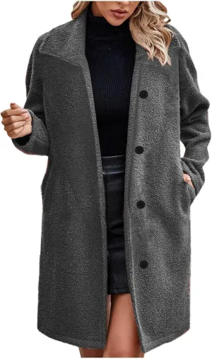 Fleece Coats for Women Winter Wool Blend Coat Lapel Long Sleeve Jacket Casual Thick Single Breasted Pea Coat