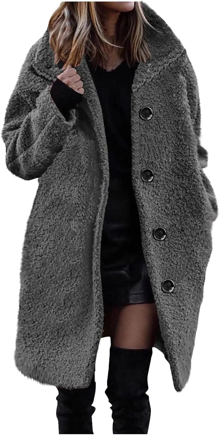 Fleece Coats for Women Winter Wool Blend Coat Lapel Long Sleeve Jacket Casual Thick Single Breasted Pea Coat