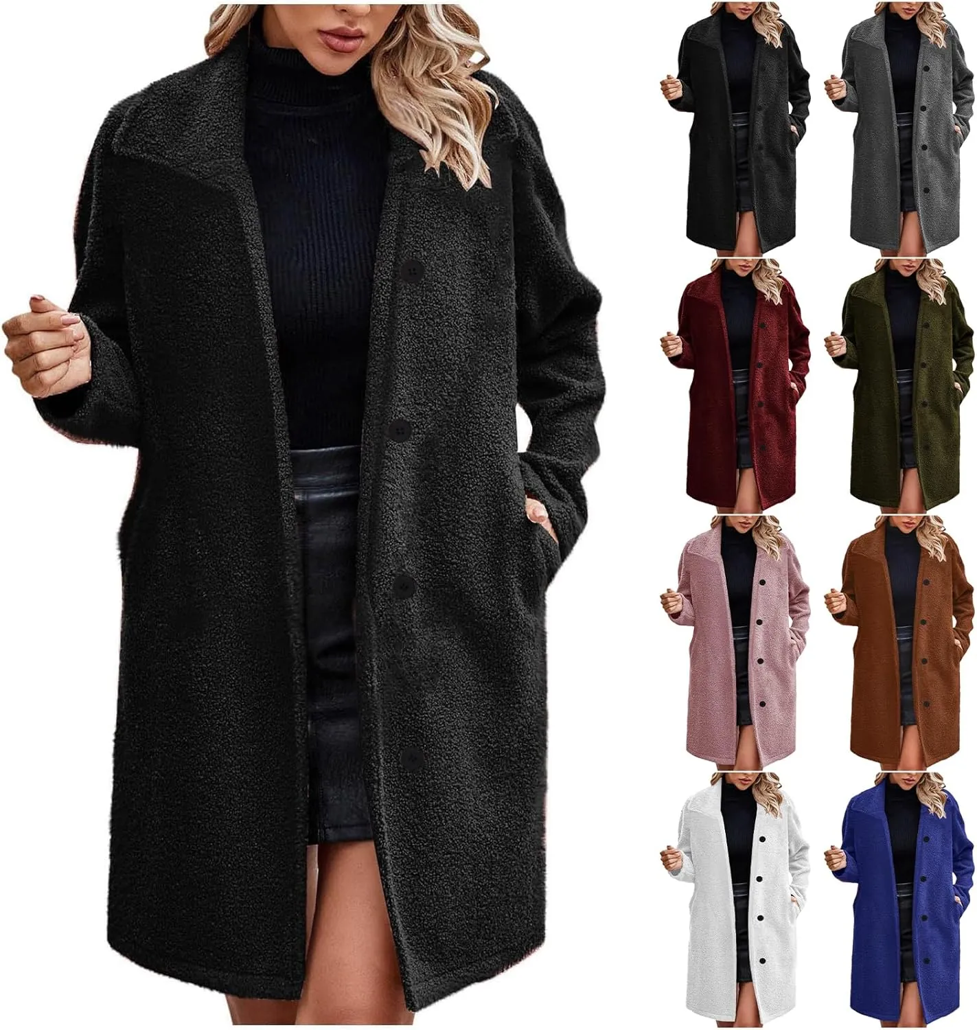 Fleece Coats for Women Winter Wool Blend Coat Lapel Long Sleeve Jacket Casual Thick Single Breasted Pea Coat
