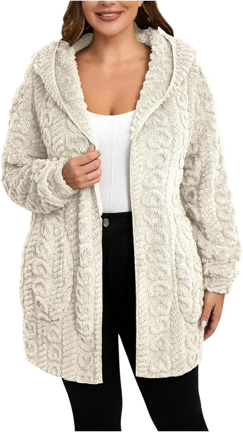 Fleece Jacket Women Sherpa Fuzzy Hoodie Jackets Fleece Lined Cardigan Jacket Winter Warm Casual Trendy Outerwear Coat