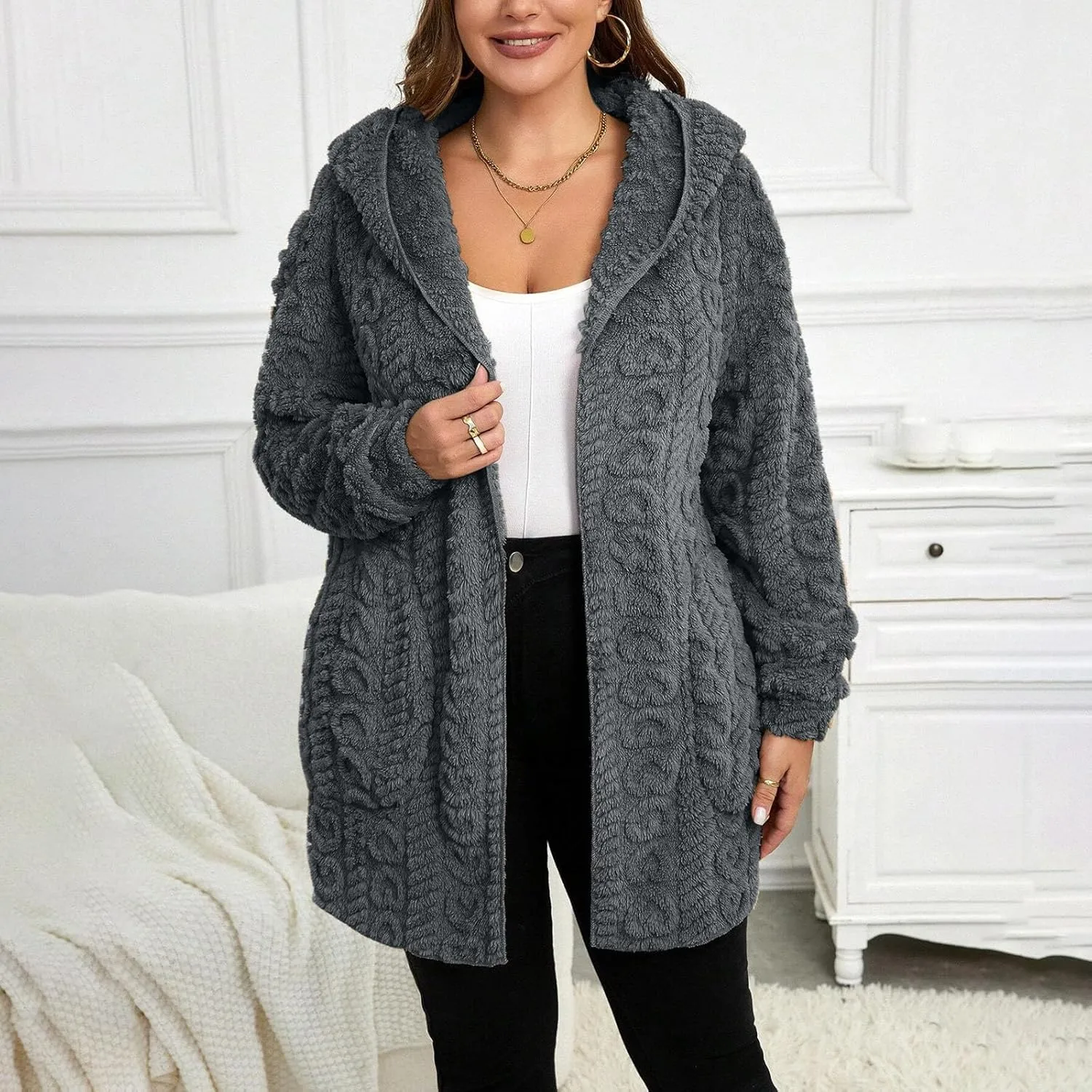 Fleece Jacket Women Sherpa Fuzzy Hoodie Jackets Fleece Lined Cardigan Jacket Winter Warm Casual Trendy Outerwear Coat