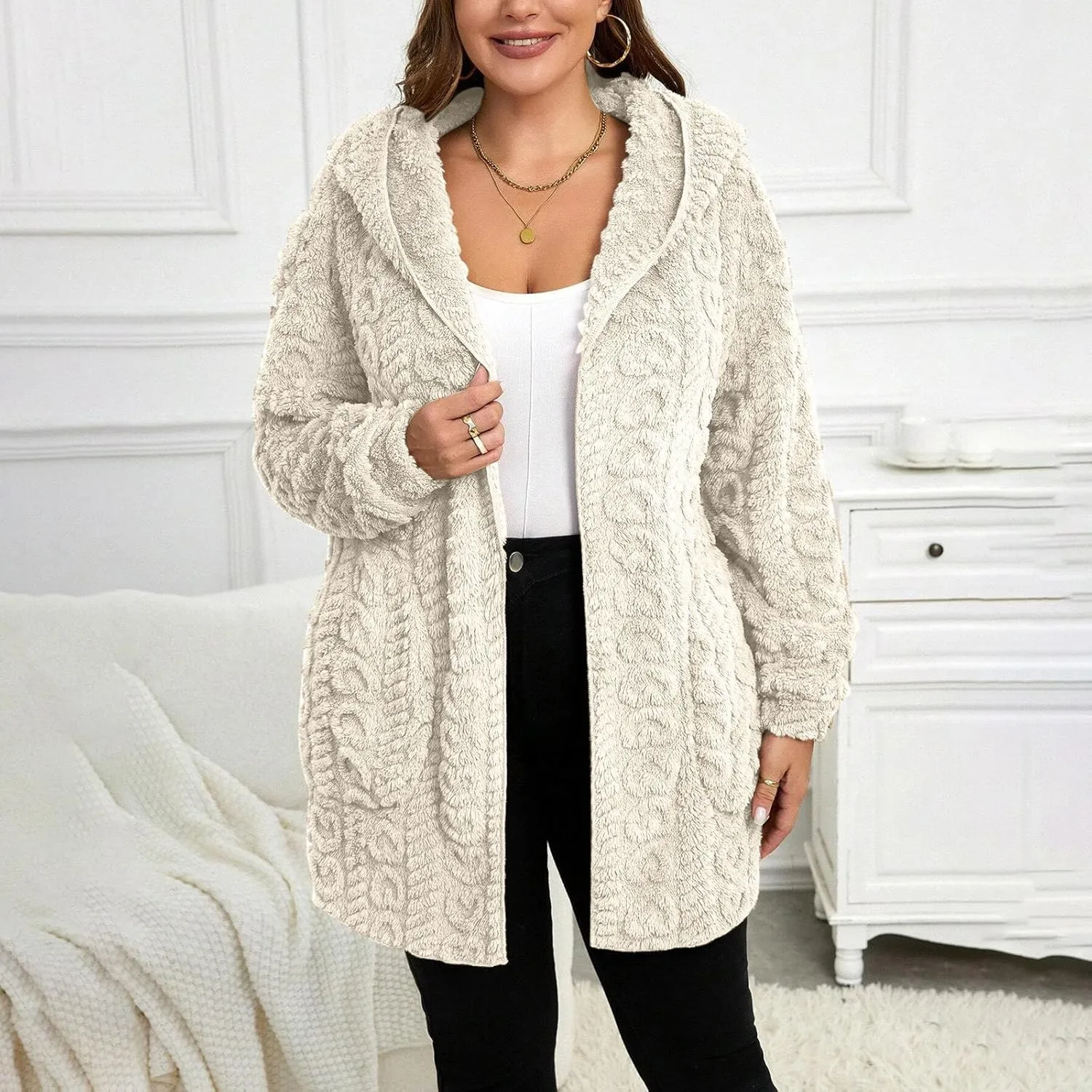 Fleece Jacket Women Sherpa Fuzzy Hoodie Jackets Fleece Lined Cardigan Jacket Winter Warm Casual Trendy Outerwear Coat