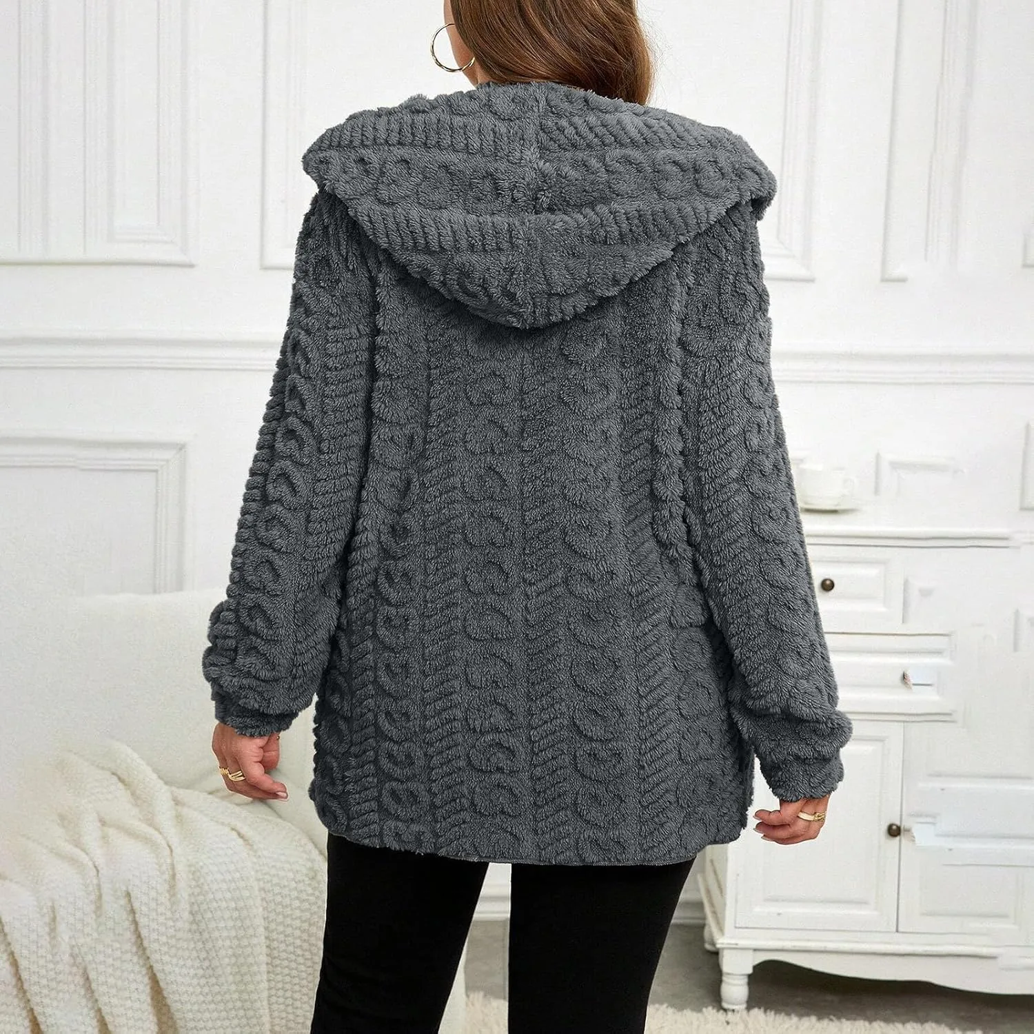 Fleece Jacket Women Sherpa Fuzzy Hoodie Jackets Fleece Lined Cardigan Jacket Winter Warm Casual Trendy Outerwear Coat