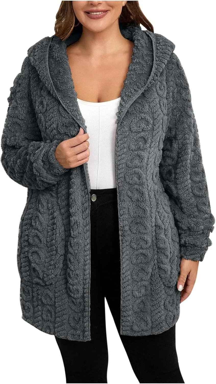 Fleece Jacket Women Sherpa Fuzzy Hoodie Jackets Fleece Lined Cardigan Jacket Winter Warm Casual Trendy Outerwear Coat