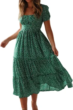 Floral Dress for Women Polka Dot Print Maxi Dresses Sqaure Neck Puuff Sleeve Dress High Waist Tiered Flowy Dresses