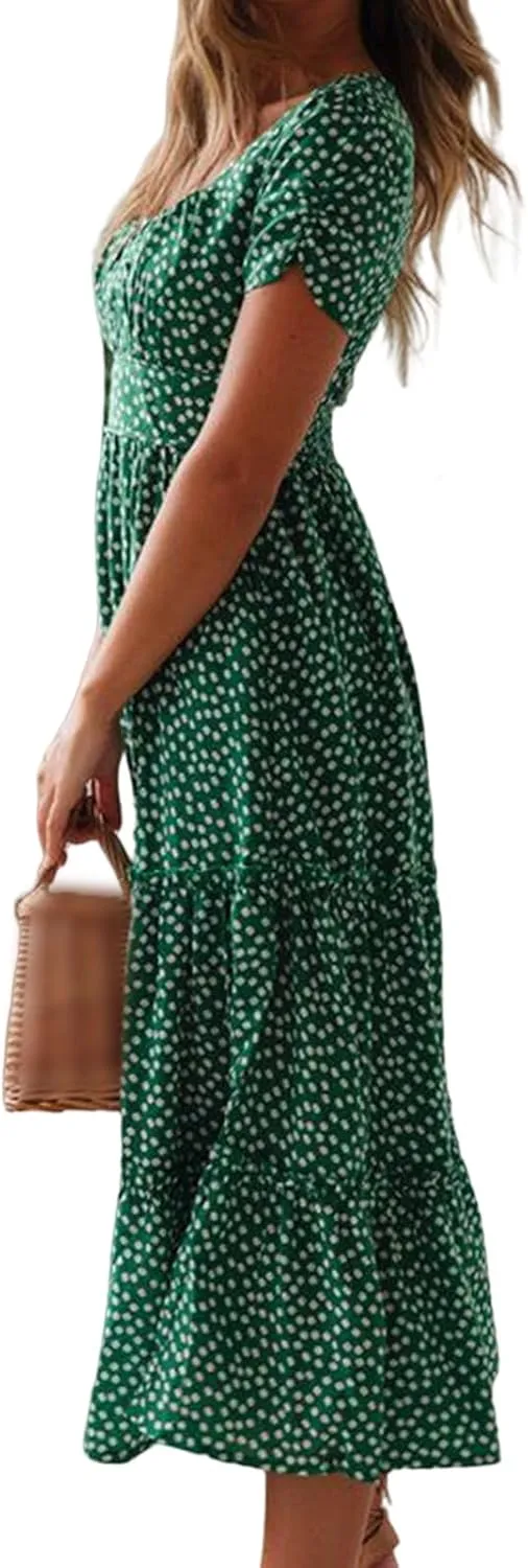 Floral Dress for Women Polka Dot Print Maxi Dresses Sqaure Neck Puuff Sleeve Dress High Waist Tiered Flowy Dresses