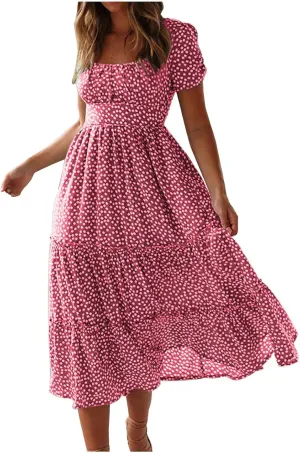 Floral Dress for Women Polka Dot Print Maxi Dresses Sqaure Neck Puuff Sleeve Dress High Waist Tiered Flowy Dresses