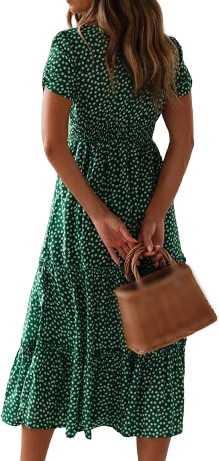 Floral Dress for Women Polka Dot Print Maxi Dresses Sqaure Neck Puuff Sleeve Dress High Waist Tiered Flowy Dresses