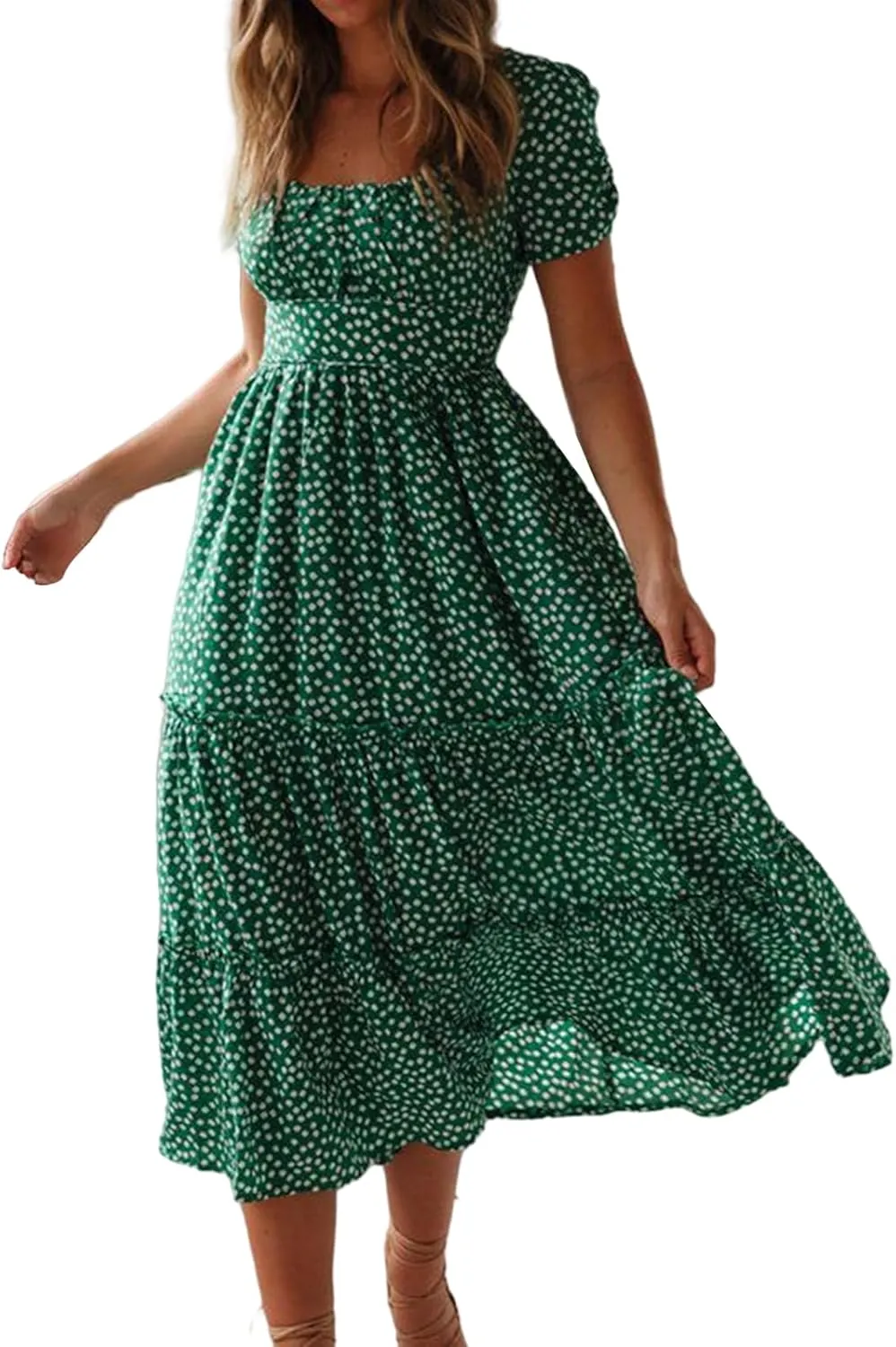 Floral Dress for Women Polka Dot Print Maxi Dresses Sqaure Neck Puuff Sleeve Dress High Waist Tiered Flowy Dresses