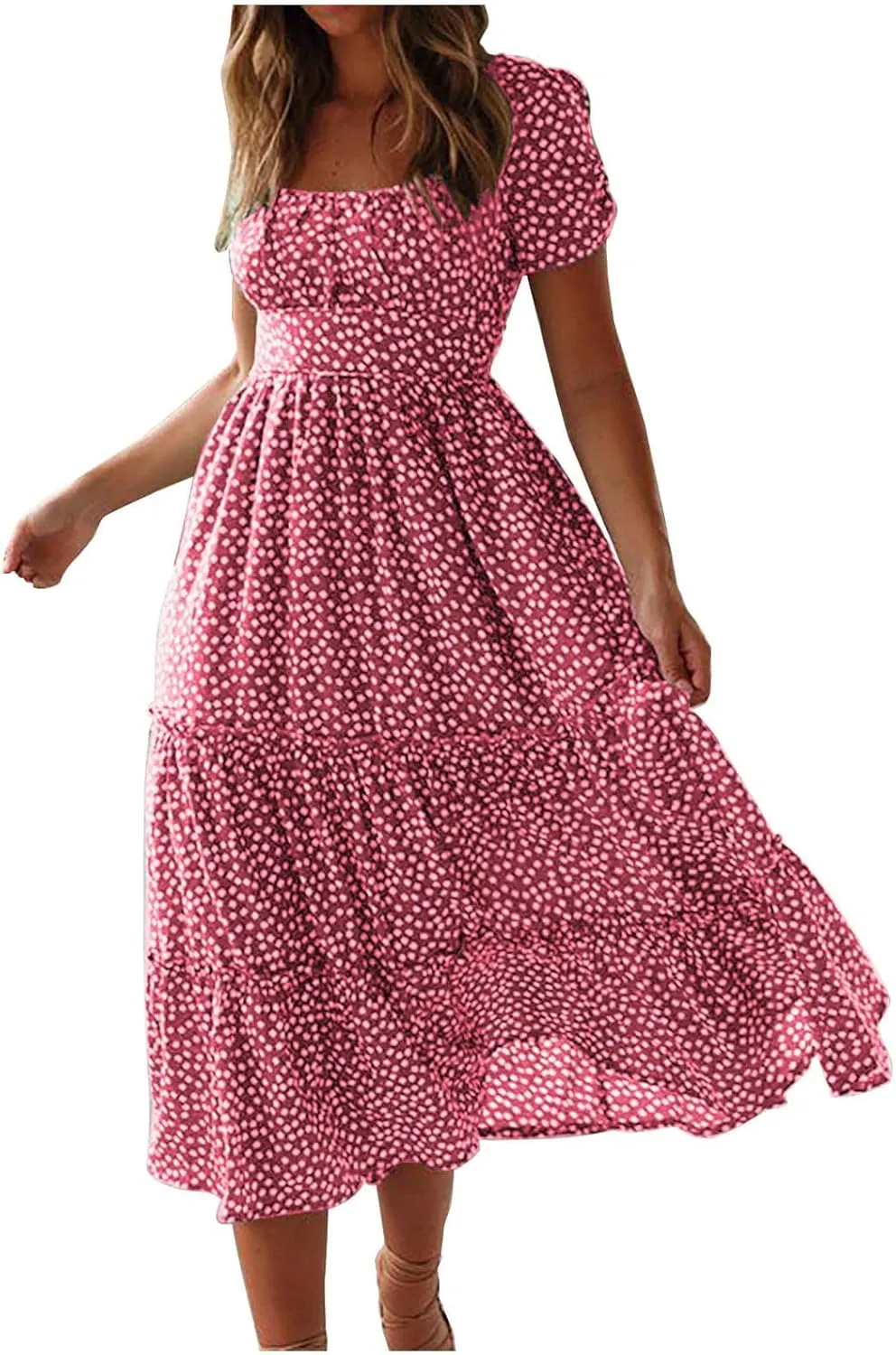 Floral Dress for Women Polka Dot Print Maxi Dresses Sqaure Neck Puuff Sleeve Dress High Waist Tiered Flowy Dresses