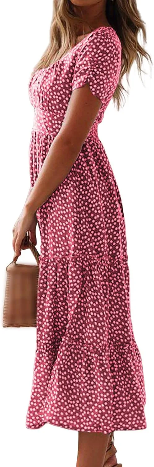 Floral Dress for Women Polka Dot Print Maxi Dresses Sqaure Neck Puuff Sleeve Dress High Waist Tiered Flowy Dresses