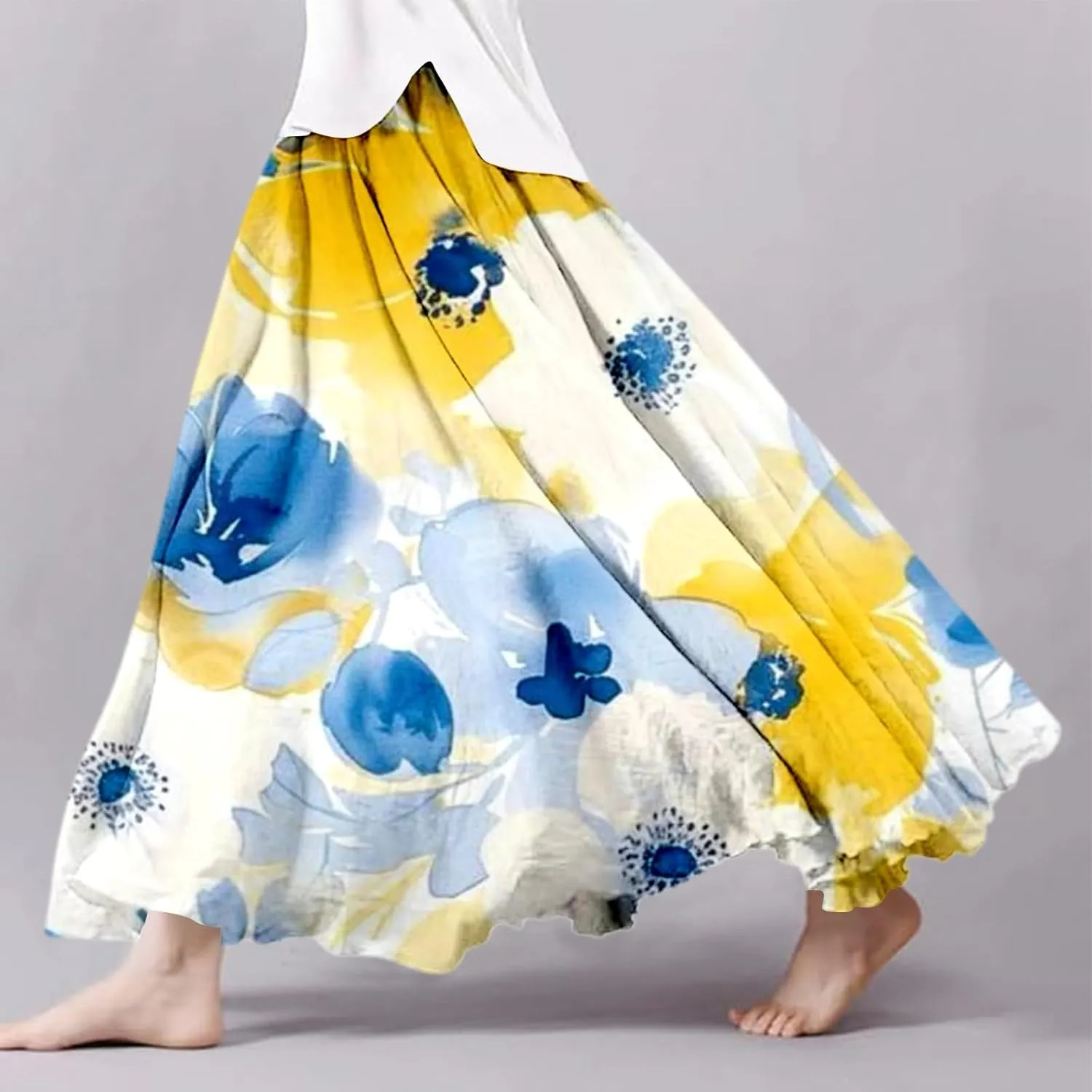 Flowy Skirts for Women Linen Tiered Ruffle Floral Long Skirt Flowy Summer 2025 High Waist Boho A Line Maxi Skorts