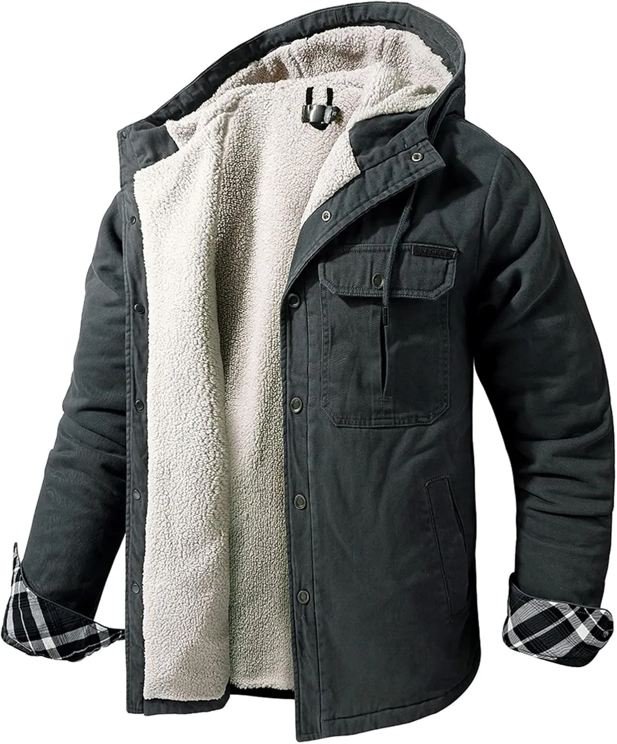 Flygo Men's Warm Relaxed Fit Washed Duck Sherpa-Lined Shirt Jacket Hooded Outdoor Fleece Lined Utility Work Coat