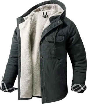 Flygo Men's Warm Relaxed Fit Washed Duck Sherpa-Lined Shirt Jacket Hooded Outdoor Fleece Lined Utility Work Coat