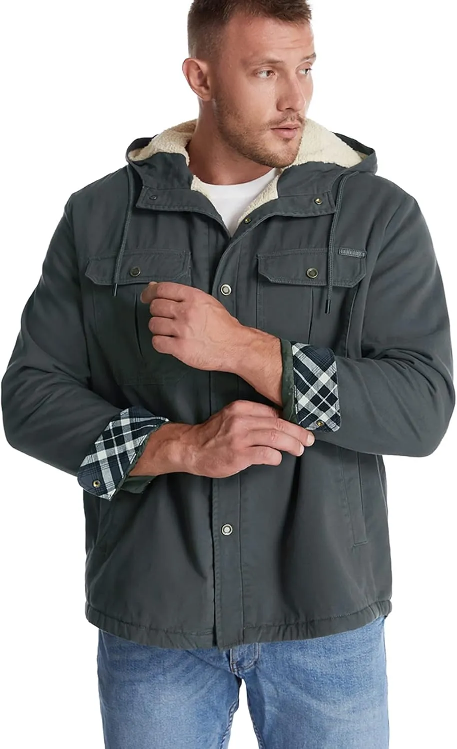 Flygo Men's Warm Relaxed Fit Washed Duck Sherpa-Lined Shirt Jacket Hooded Outdoor Fleece Lined Utility Work Coat