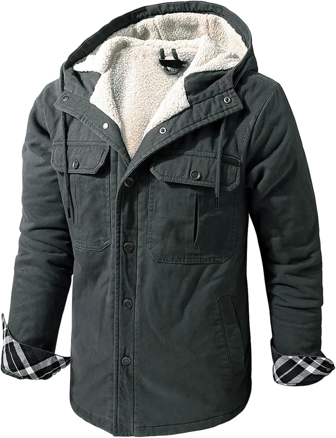 Flygo Men's Warm Relaxed Fit Washed Duck Sherpa-Lined Shirt Jacket Hooded Outdoor Fleece Lined Utility Work Coat