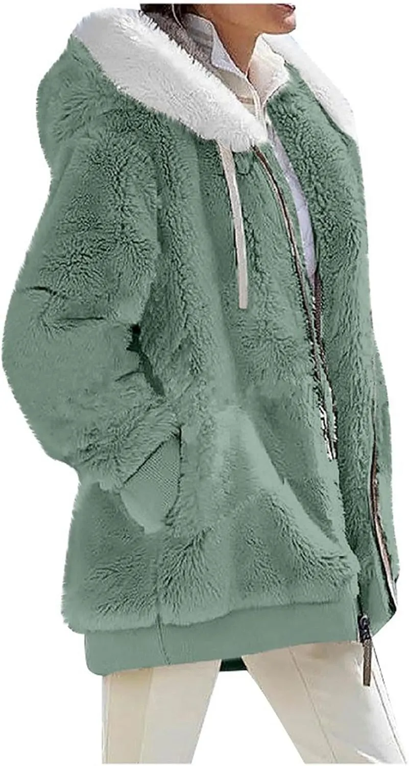Fuzzy Fleece Jackets for Women Sherpa Lined Long Sleeve Full Zip Up Plush Jacket Loose Fit Hooded Warm Winter Coats