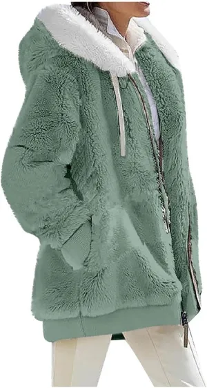 Fuzzy Fleece Jackets for Women Sherpa Lined Long Sleeve Full Zip Up Plush Jacket Loose Fit Hooded Warm Winter Coats
