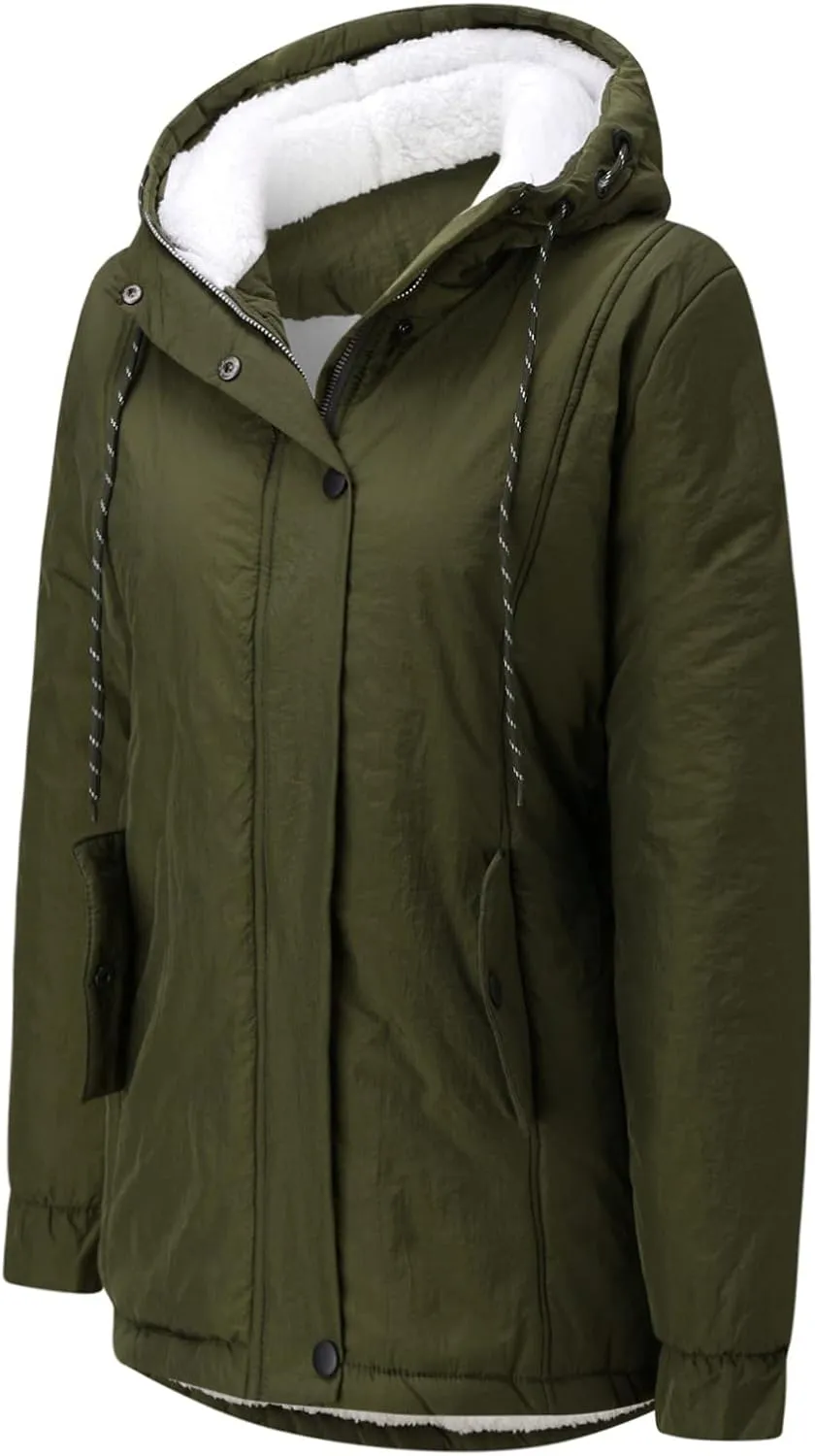 GOKKILRW Womens Casual Faux Fur Hooded Pockets Sherpa Lined Parka Jacket Lightweight Utility Anorak Safari Puffer Coat