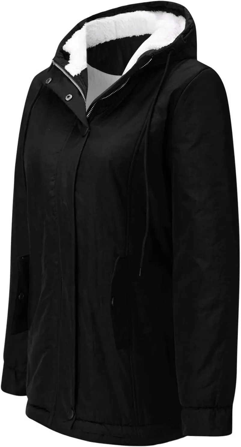GOKKILRW Womens Casual Faux Fur Hooded Pockets Sherpa Lined Parka Jacket Lightweight Utility Anorak Safari Puffer Coat