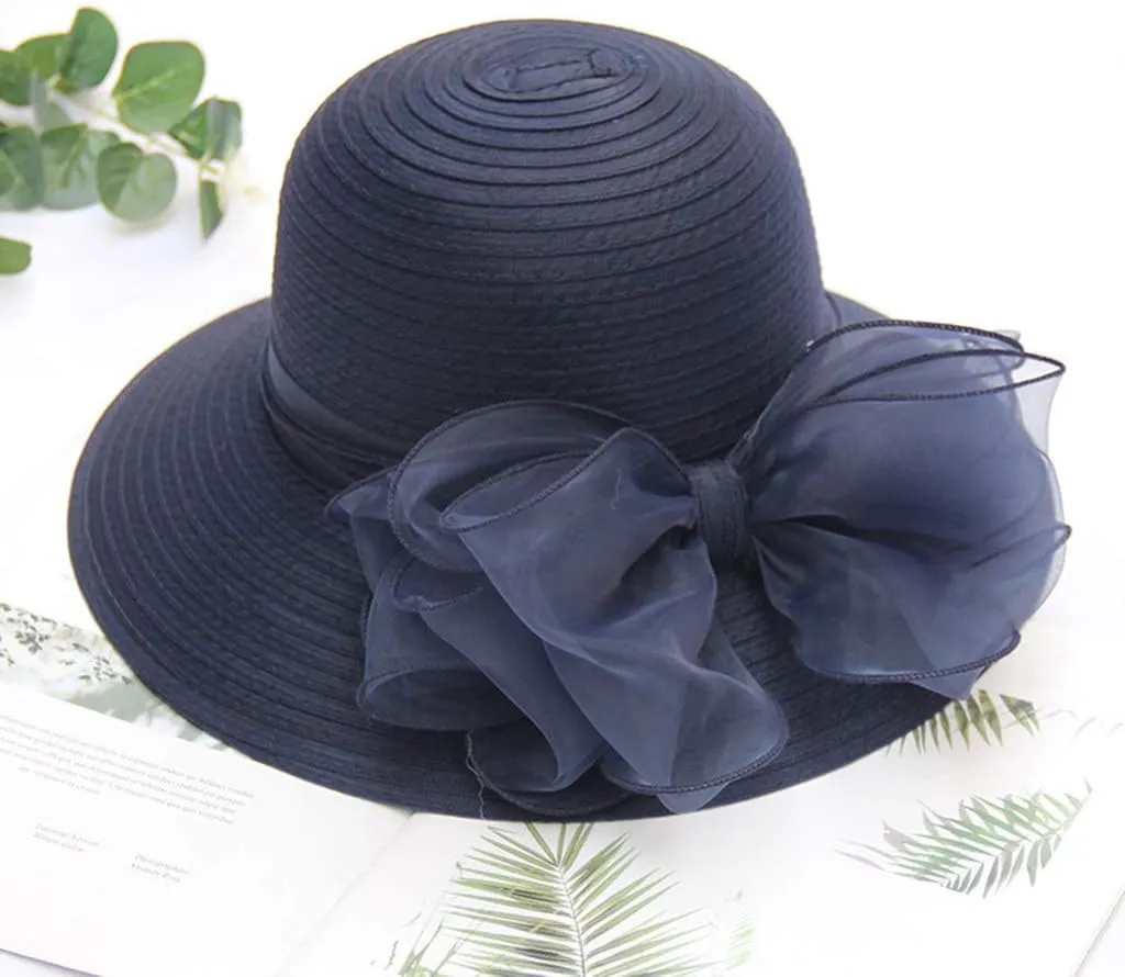 High Tea Hats for Women 2025 Organza Bowknot Wide Brim Bucket Derby Hat Easter Outfits Bonnets
