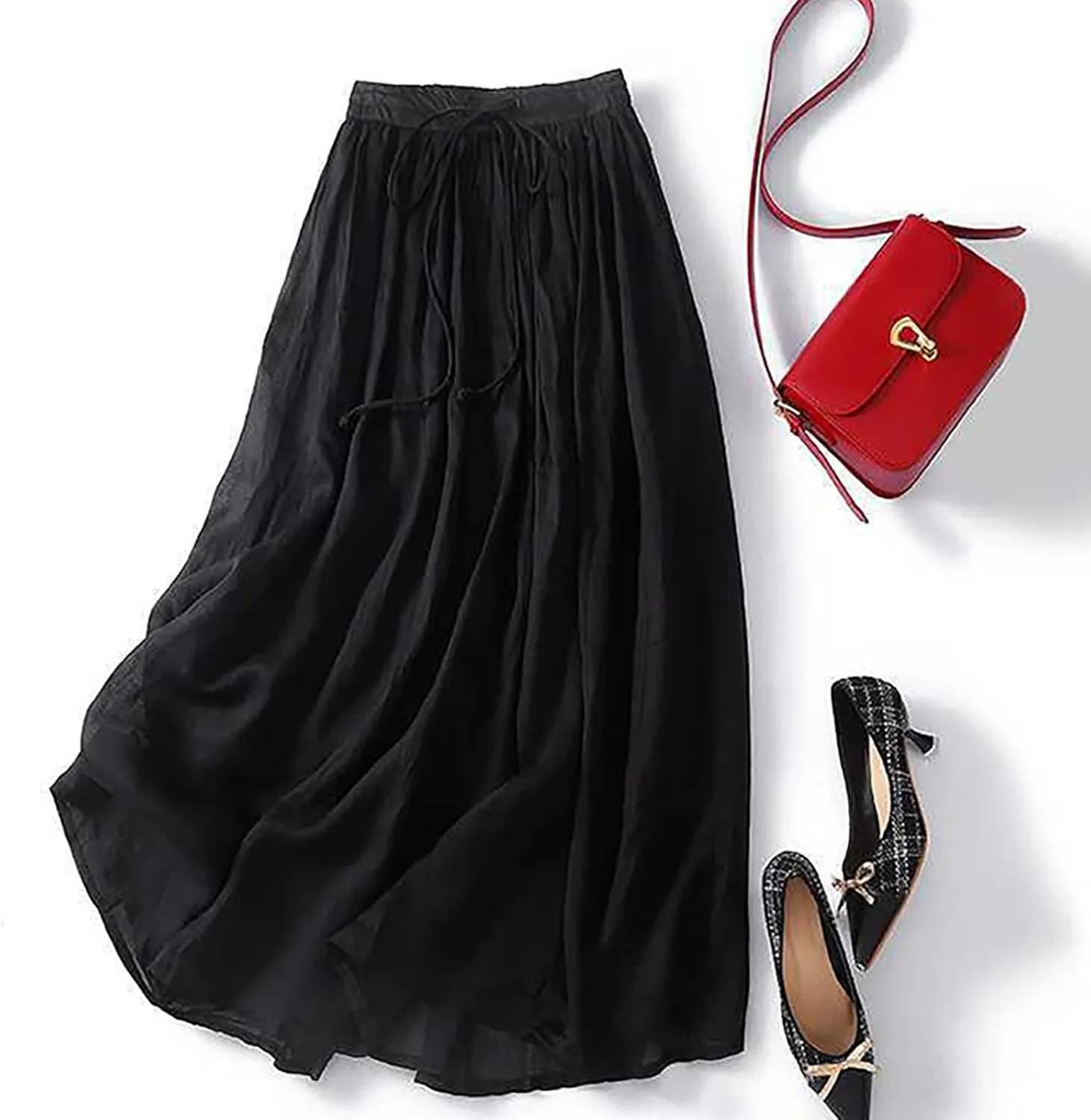 hlysgo Women's Boho High Waist A Line Pleated Flowy Midi Skirts Lightweight Summer Cotton Linen Long Skirt with Pockets