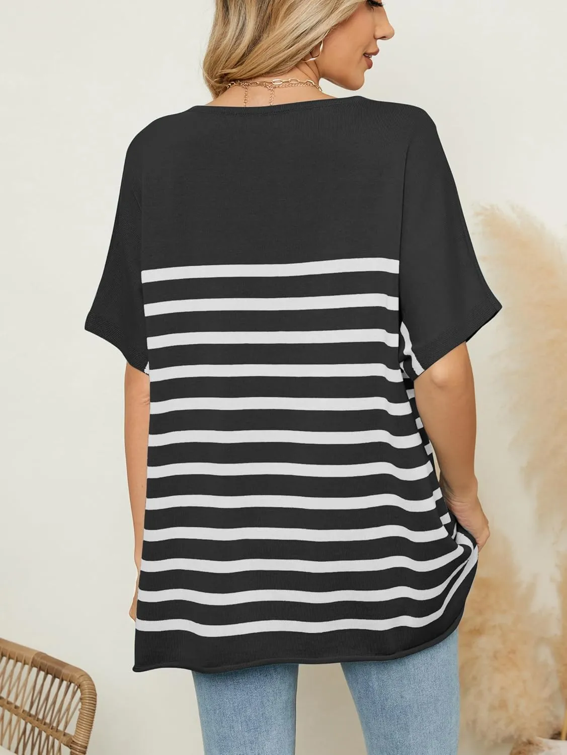 iChunhua Oversized T Shirts for Women Striped V-Neck Short Sleeve Casual Tee Summer Knit Sweater Tops