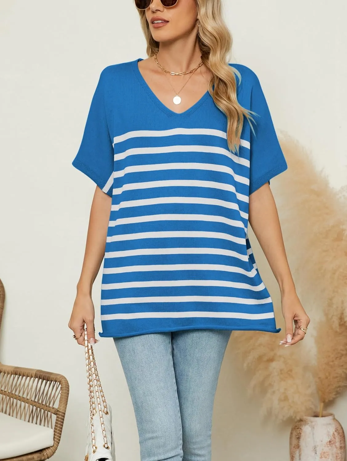 iChunhua Oversized T Shirts for Women Striped V-Neck Short Sleeve Casual Tee Summer Knit Sweater Tops