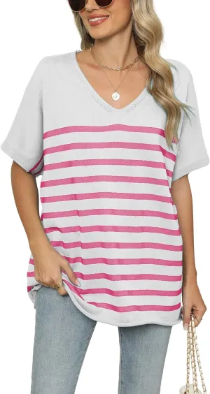 iChunhua Oversized T Shirts for Women Striped V-Neck Short Sleeve Casual Tee Summer Knit Sweater Tops